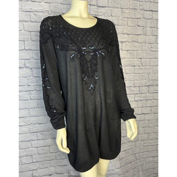 Vintage Y2K Victoria woman, black beaded oversized sweater size 1x - Picture 1 of 12